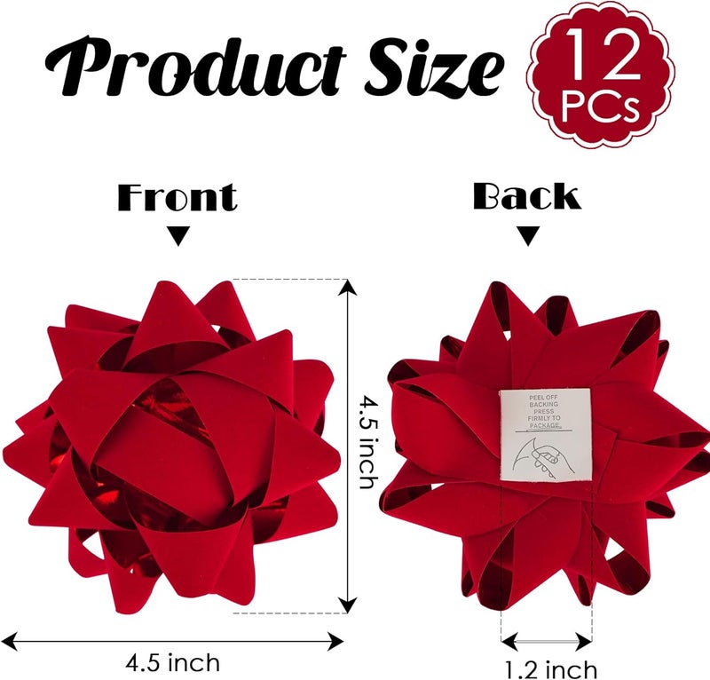 LiBongTa 4.5 Inch Red Velvet Ribbon Gift Bow Decorative Bows, Premade Valentine Bows for Gift Wrapping Self Adhesive, Wrapping Bows for Presents, Party Favor, Holiday, Wedding, Birthday-12 Counts - Image 2